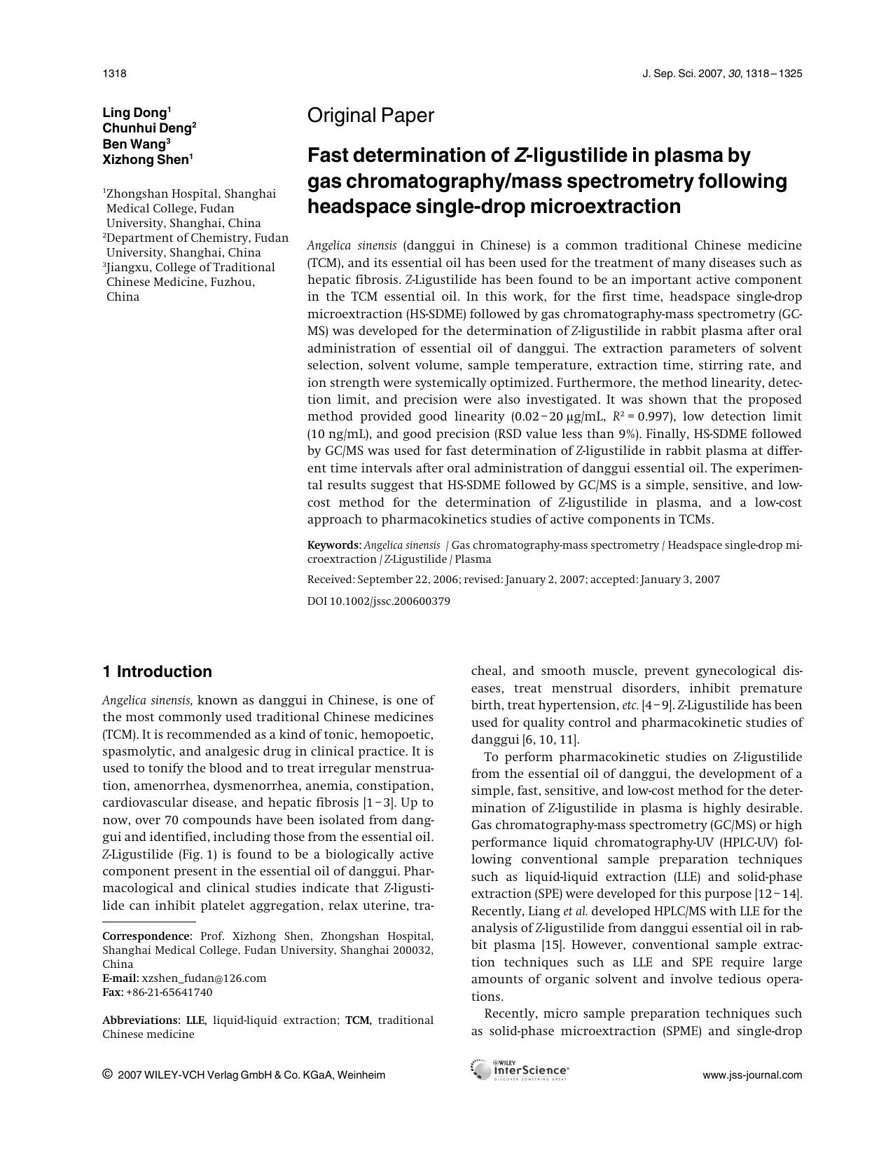 Fast determination of Z-ligustilide in plasma by gas chromatographymass spectrometry following headspace single-drop microextraction by Unknown