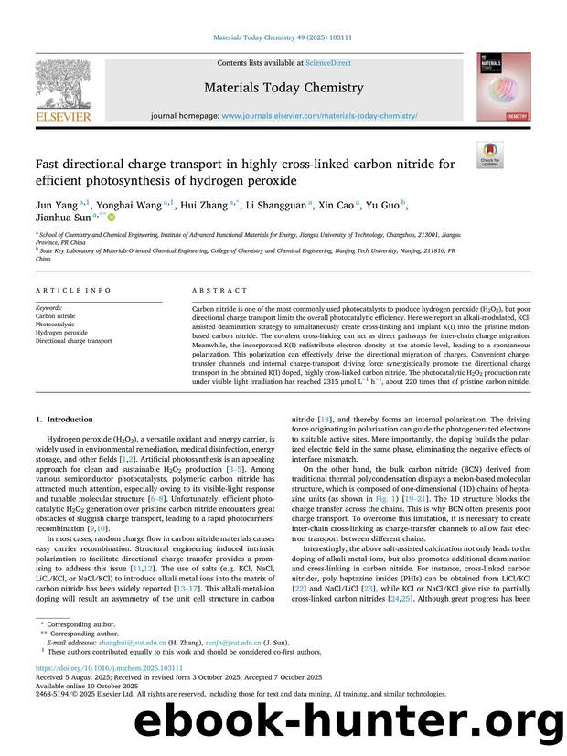 Fast directional charge transport in highly cross-linked carbon nitride for efficient photosynthesis of hydrogen peroxide by Jun Yang & Yonghai Wang & Hui Zhang & Li Shangguan & Xin Cao & Yu Guo & Jianhua Sun