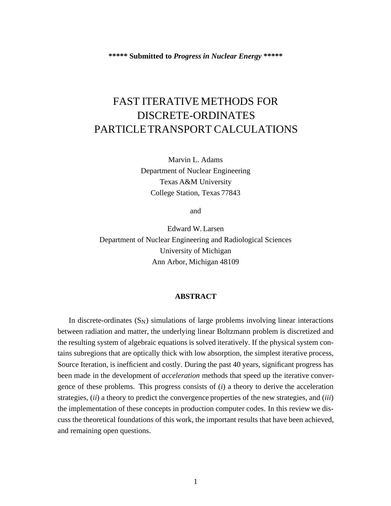 Fast iterative methods for discrete-ordinates particle transport calculations by Adams M.L. Larsen E.W