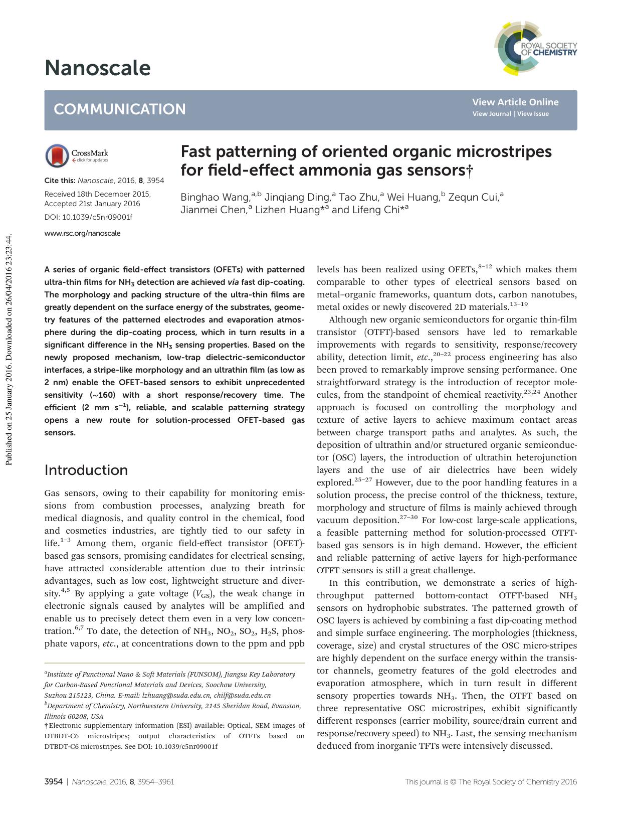 Fast patterning of oriented organic microstripes for field-effect ammonia gas sensors by Binghao Wang Jinqiang Ding Tao Zhu Wei Huang Zequn Cui Jianmei Chen Lizhen Huang Lifeng Chi