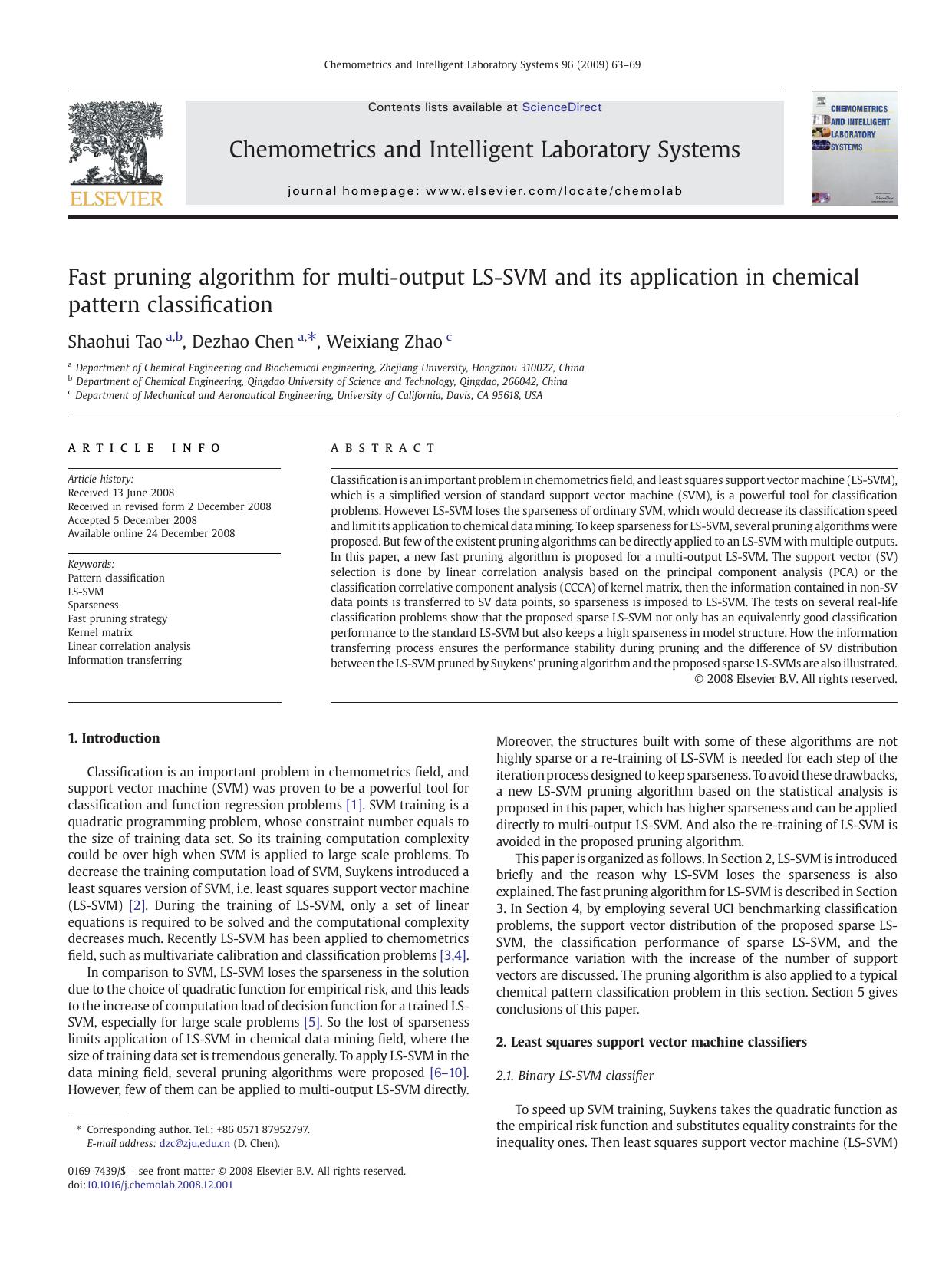 Fast pruning algorithm for multi-output LS-SVM and its application in chemical pattern classification by Shaohui Tao; Dezhao Chen; Weixiang Zhao