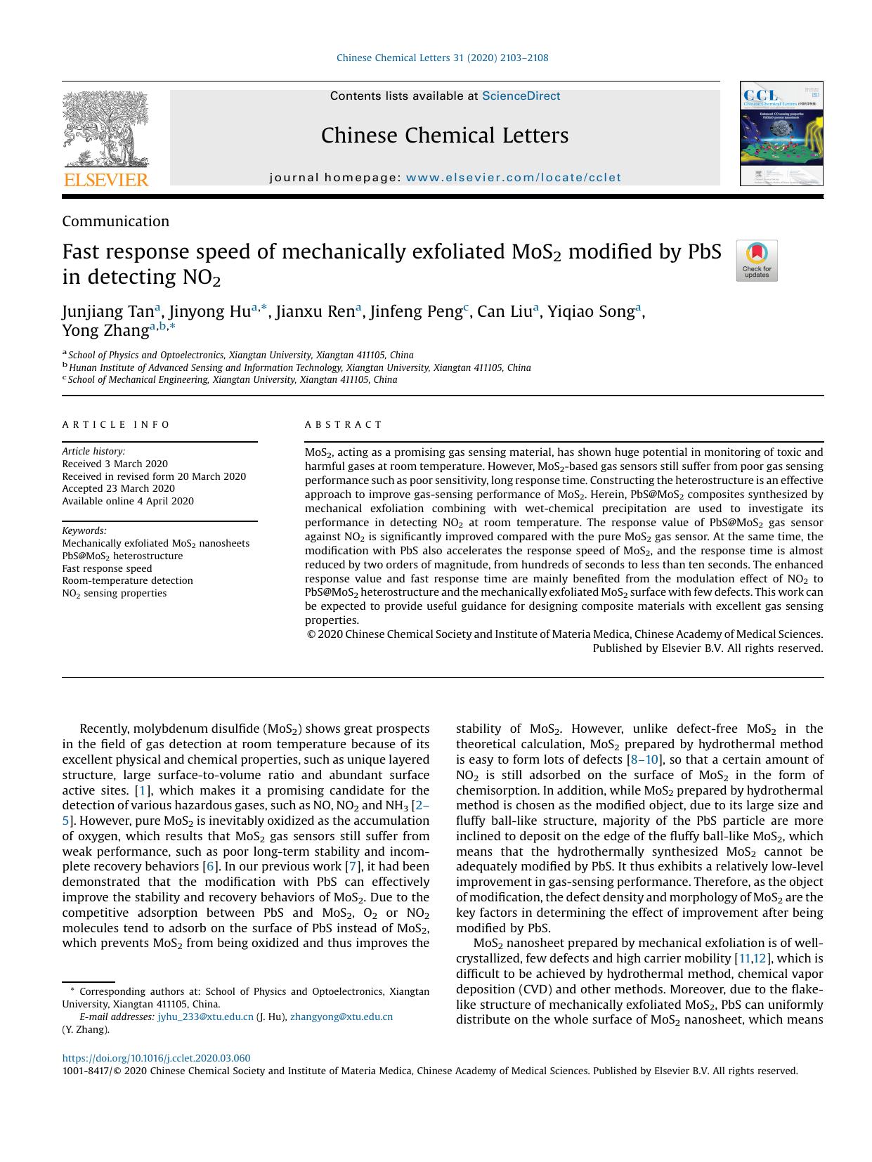 Fast response speed of mechanically exfoliated MoS2 modified by PbS in detecting NO2 by Junjiang Tan & Jinyong Hu & Jianxu Ren & Jinfeng Peng & Can Liu & Yiqiao Song & Yong Zhang