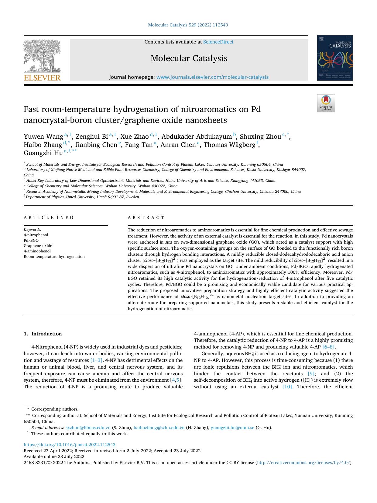 Fast room-temperature hydrogenation of nitroaromatics on Pd nanocrystal-boron clustergraphene oxide nanosheets by unknow