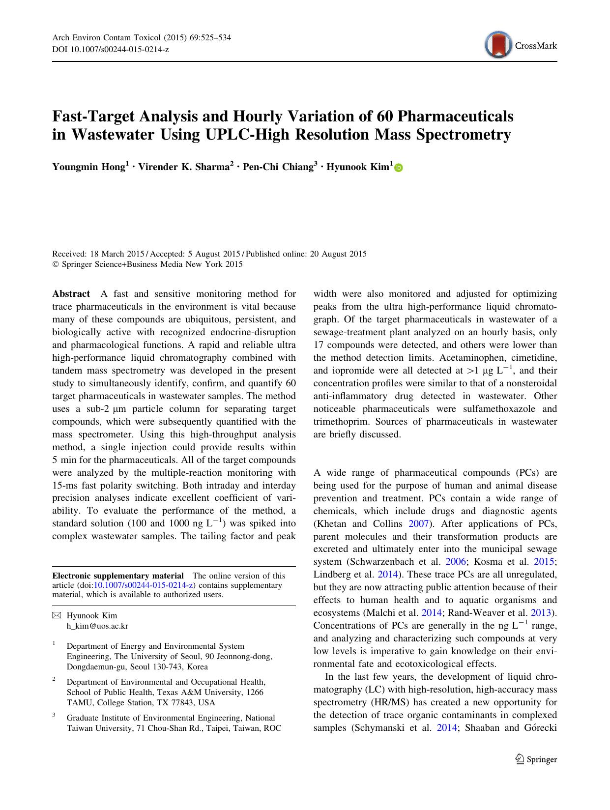 Fast-Target Analysis and Hourly Variation of 60 Pharmaceuticals in Wastewater Using UPLC-High Resolution Mass Spectrometry by Youngmin Hong & Virender K. Sharma & Pen-Chi Chiang & Hyunook Kim