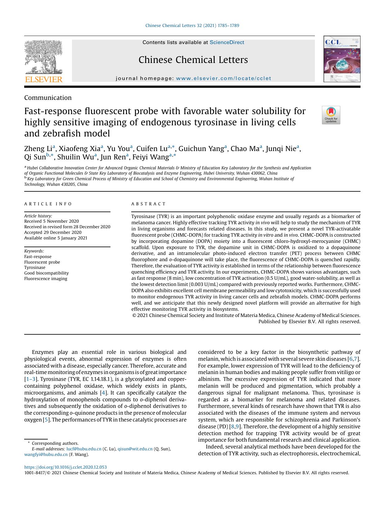 Fast-response fluorescent probe with favorable water solubility for highly sensitive imaging of endogenous tyrosinase in living cells and zebrafish model by unknow