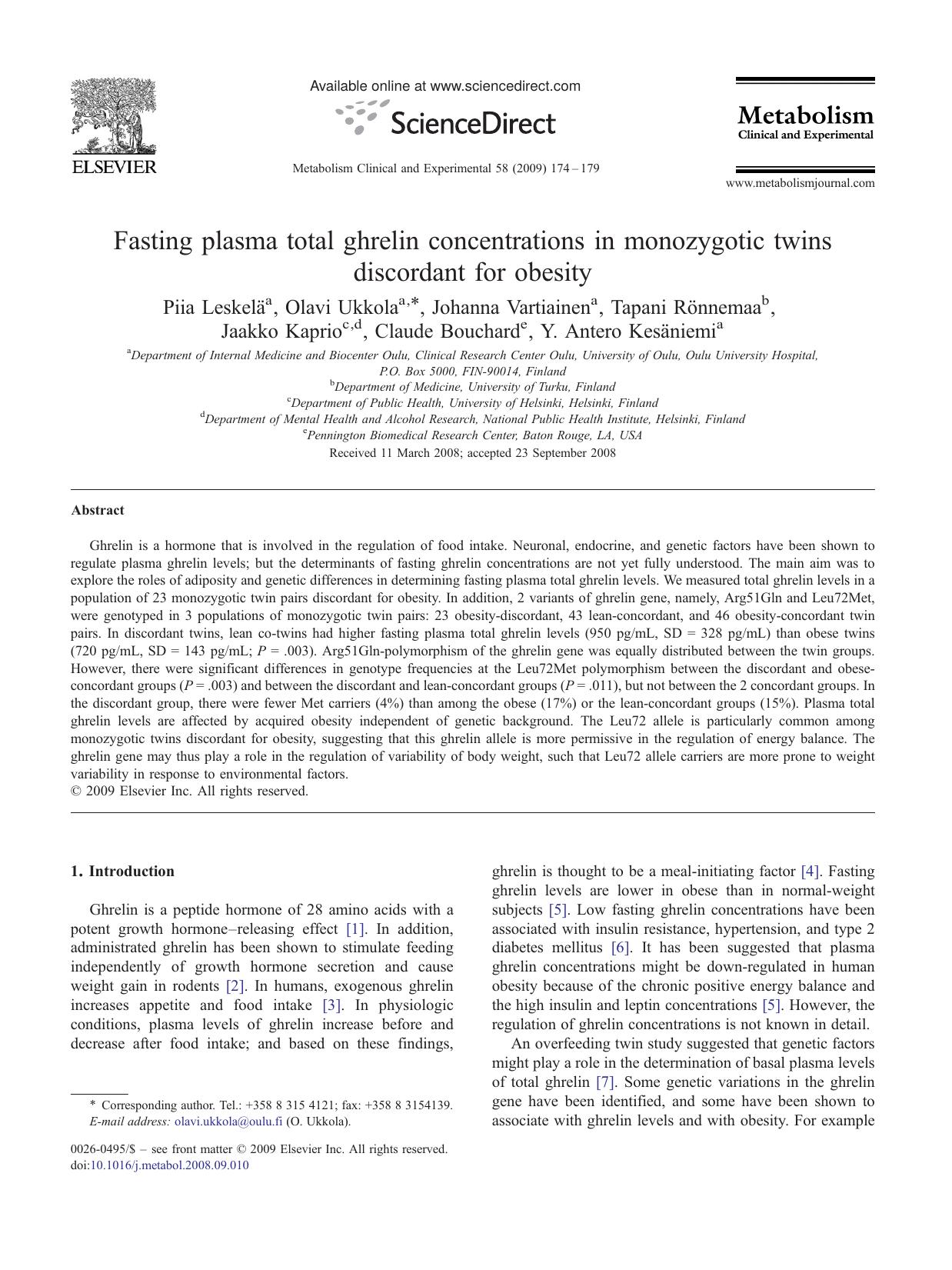 Fasting plasma total ghrelin concentrations in monozygotic twins discordant for obesity by unknow