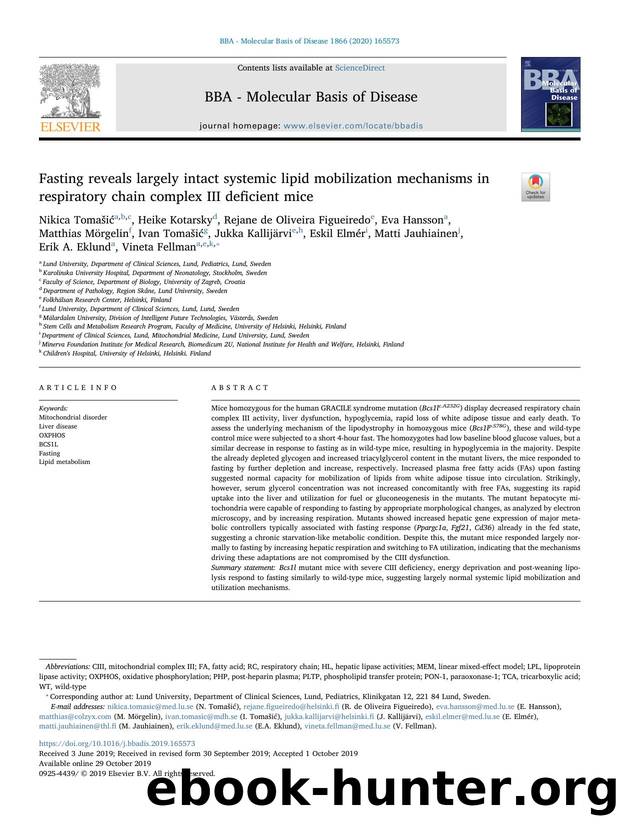 Fasting reveals largely intact systemic lipid mobilization mechanisms in respiratory chain complex III deficient mice by unknow