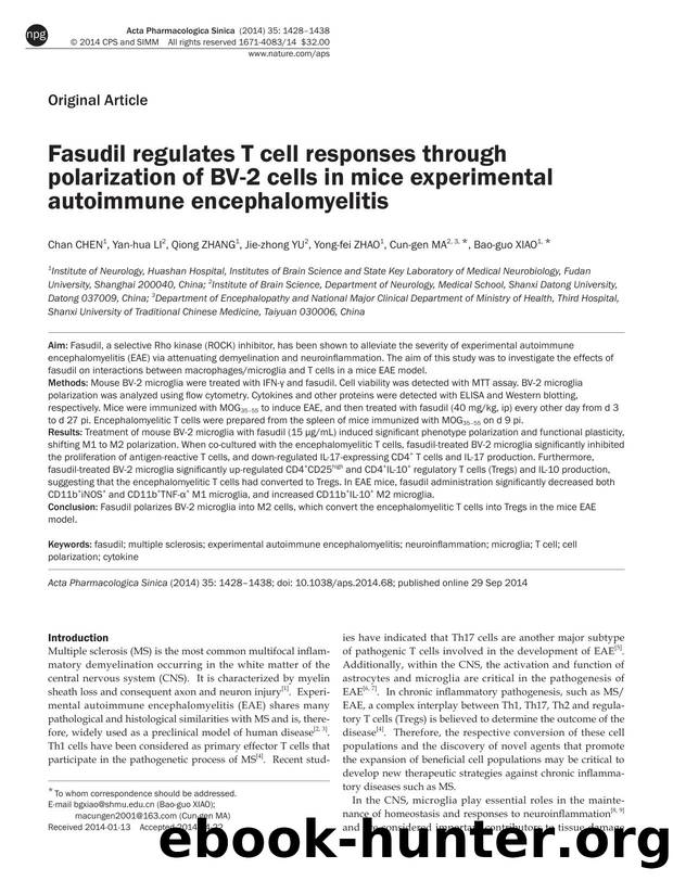 Fasudil regulates T cell responses through polarization of BV-2 cells in mice experimental autoimmune encephalomyelitis by Chan Chen & Yan-hua Li & Qiong Zhang & Jie-zhong Yu & Yong-fei Zhao & Cun-gen Ma & Bao-guo Xiao