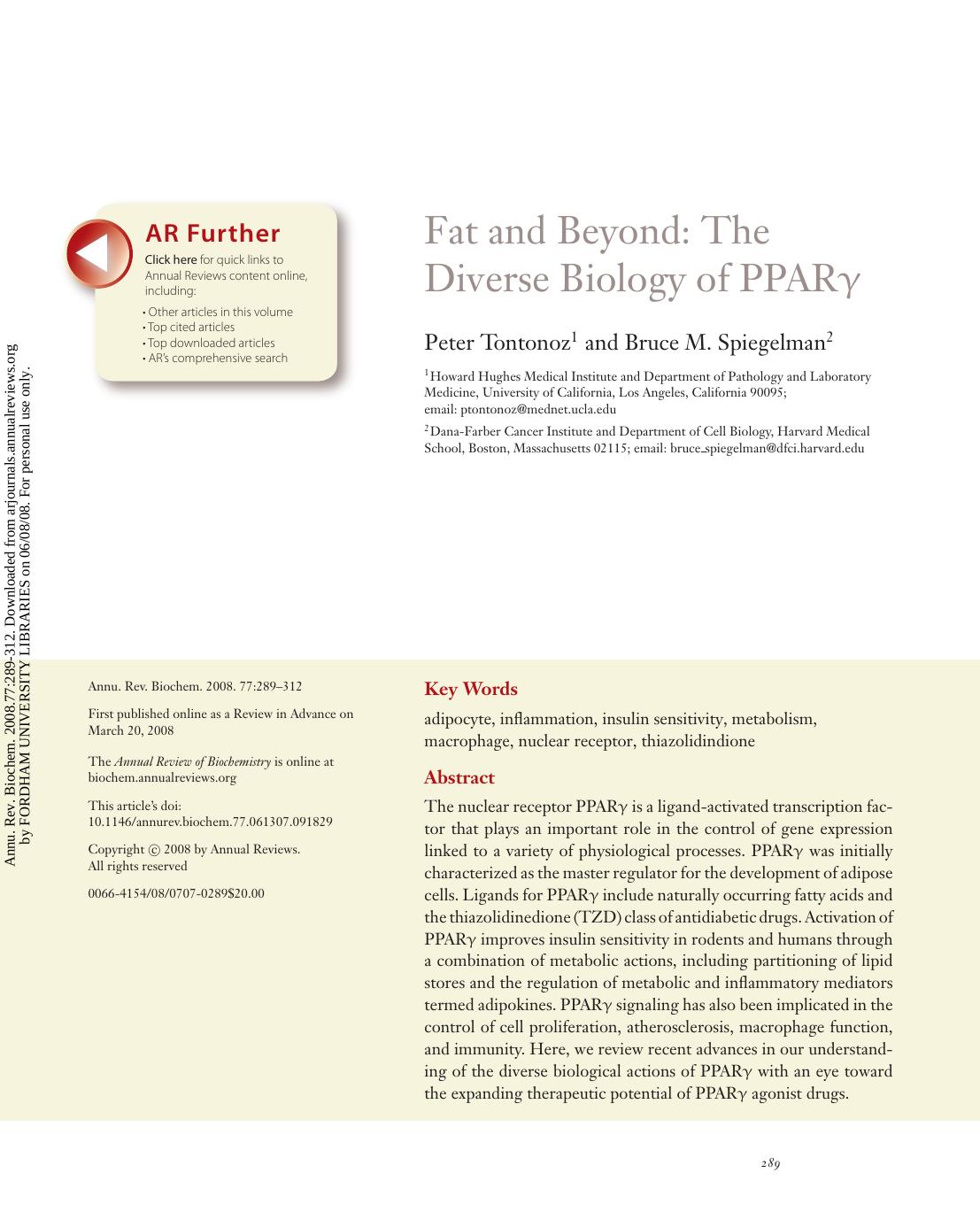Fat and Beyond: The Diverse Biology of PPARgamma by Peter Tontonoz1 & Bruce M. Spiegelman2