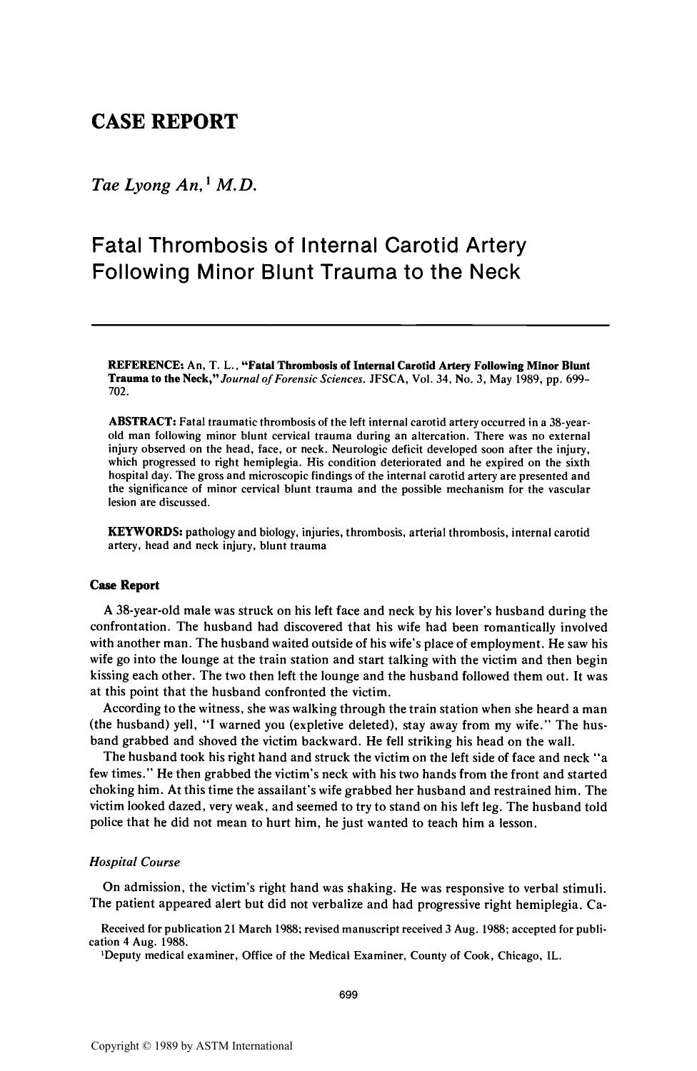 Fatal Thrombosis of Internal Carotid Artery Following Minor Blunt Trauma to the Neck by An TL