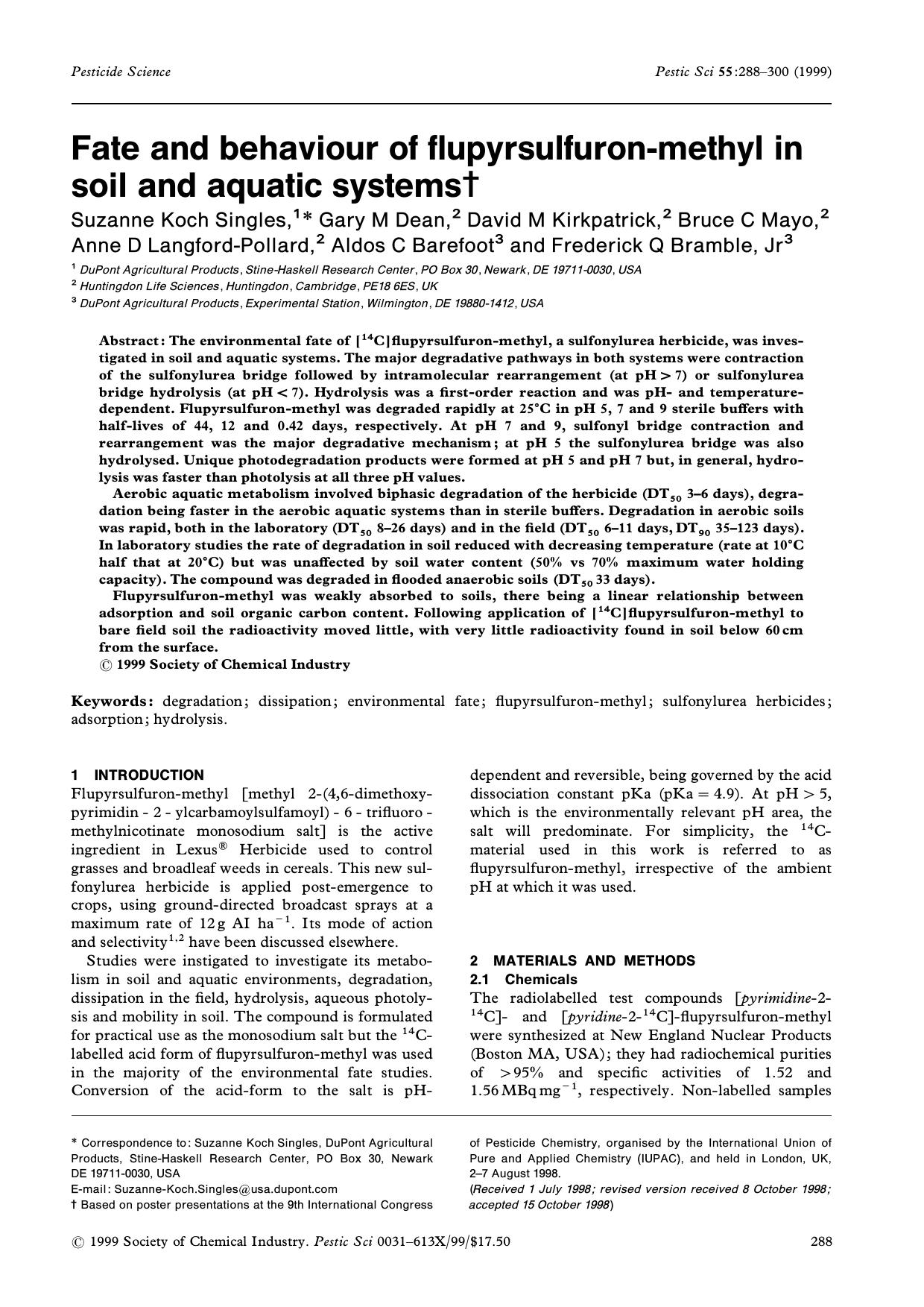 Fate and behaviour of flupyrsulfuronmethyl in soil and aquatic systems by Unknown