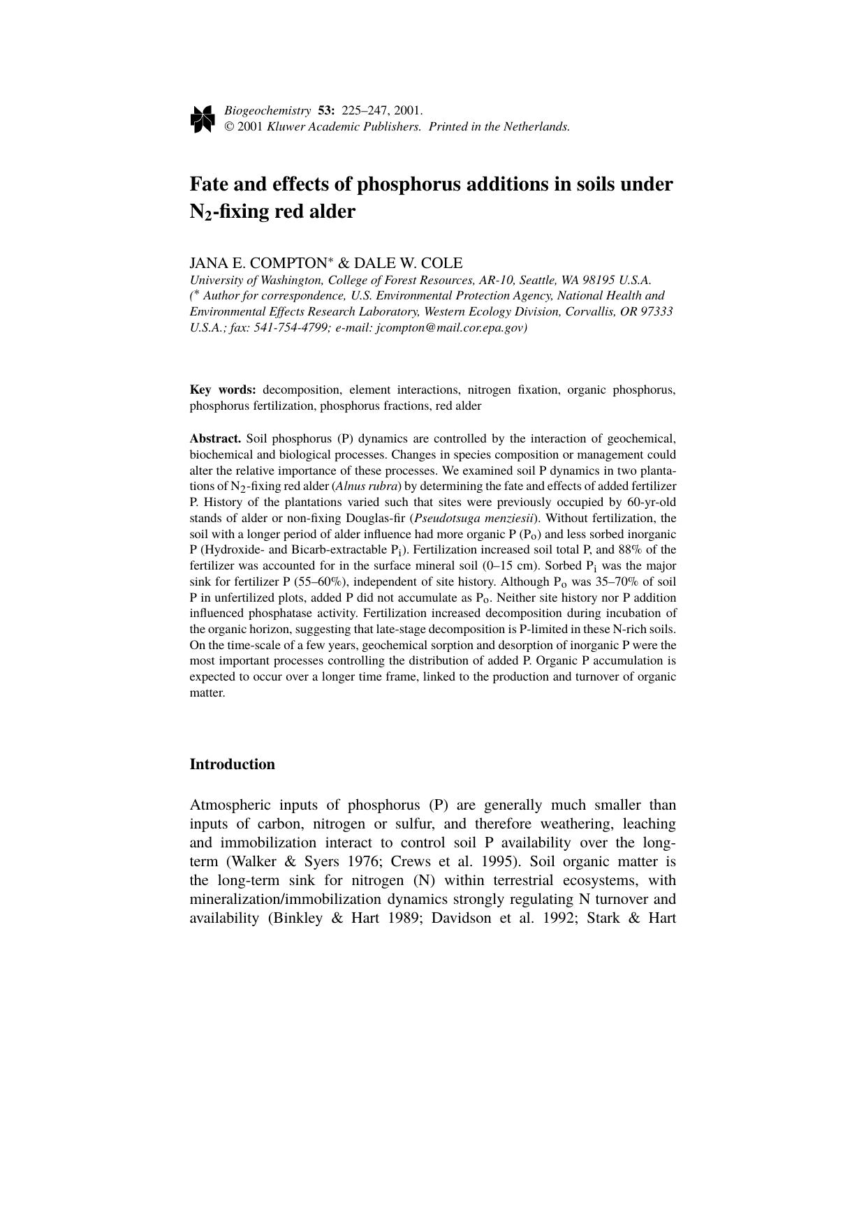Fate and effects of phosphorus additions in soils under N2-fixing red alder by Unknown