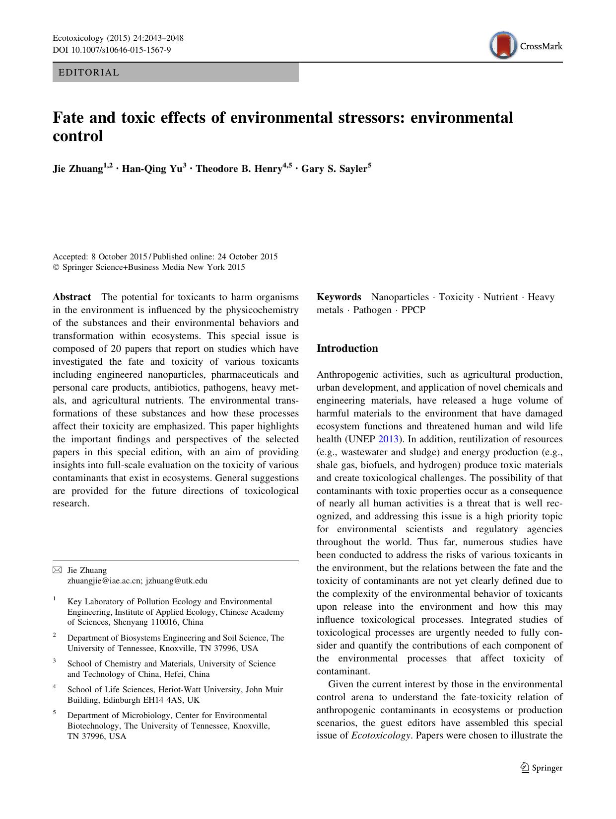 Fate and toxic effects of environmental stressors: environmental control by Jie Zhuang & Han-Qing Yu & Theodore B. Henry & Gary S. Sayler