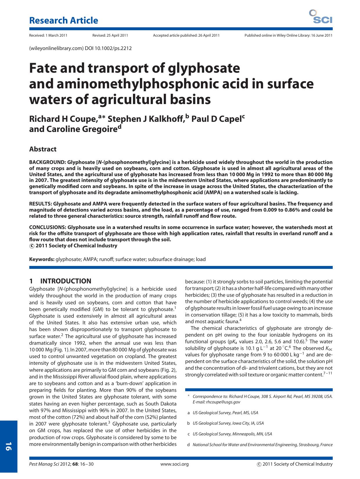 Fate and transport of glyphosate and aminomethylphosphonic acid in surface waters of agricultural basins by Unknown