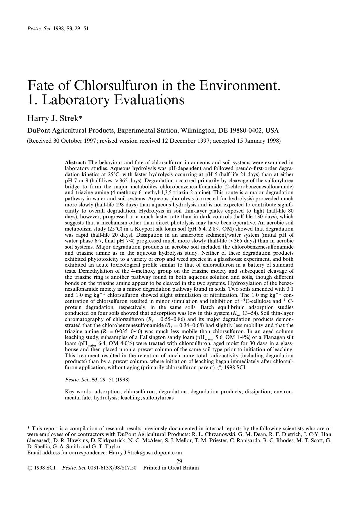 Fate of Chlorsulfuron in the Environment. 1. Laboratory Evaluations by Strek