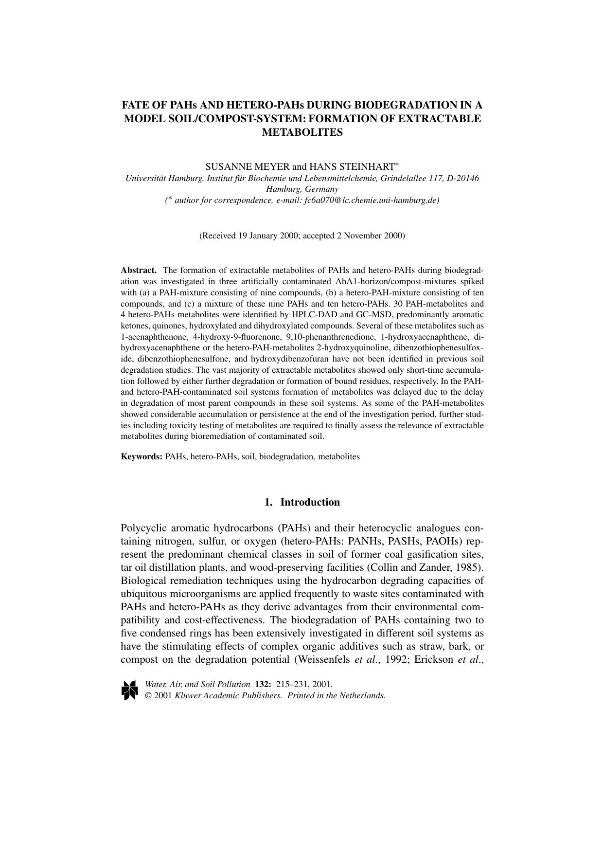 Fate of PAHs and Hetero-PAHs during Biodegradation in a Model SoilCompost-System: Formation of Extractable Metabolites by Unknown