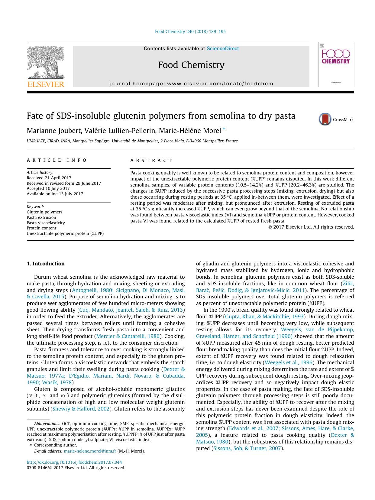 Fate of SDS-insoluble glutenin polymers from semolina to dry pasta by Marianne Joubert & Valérie Lullien-Pellerin & Marie-Hélène Morel