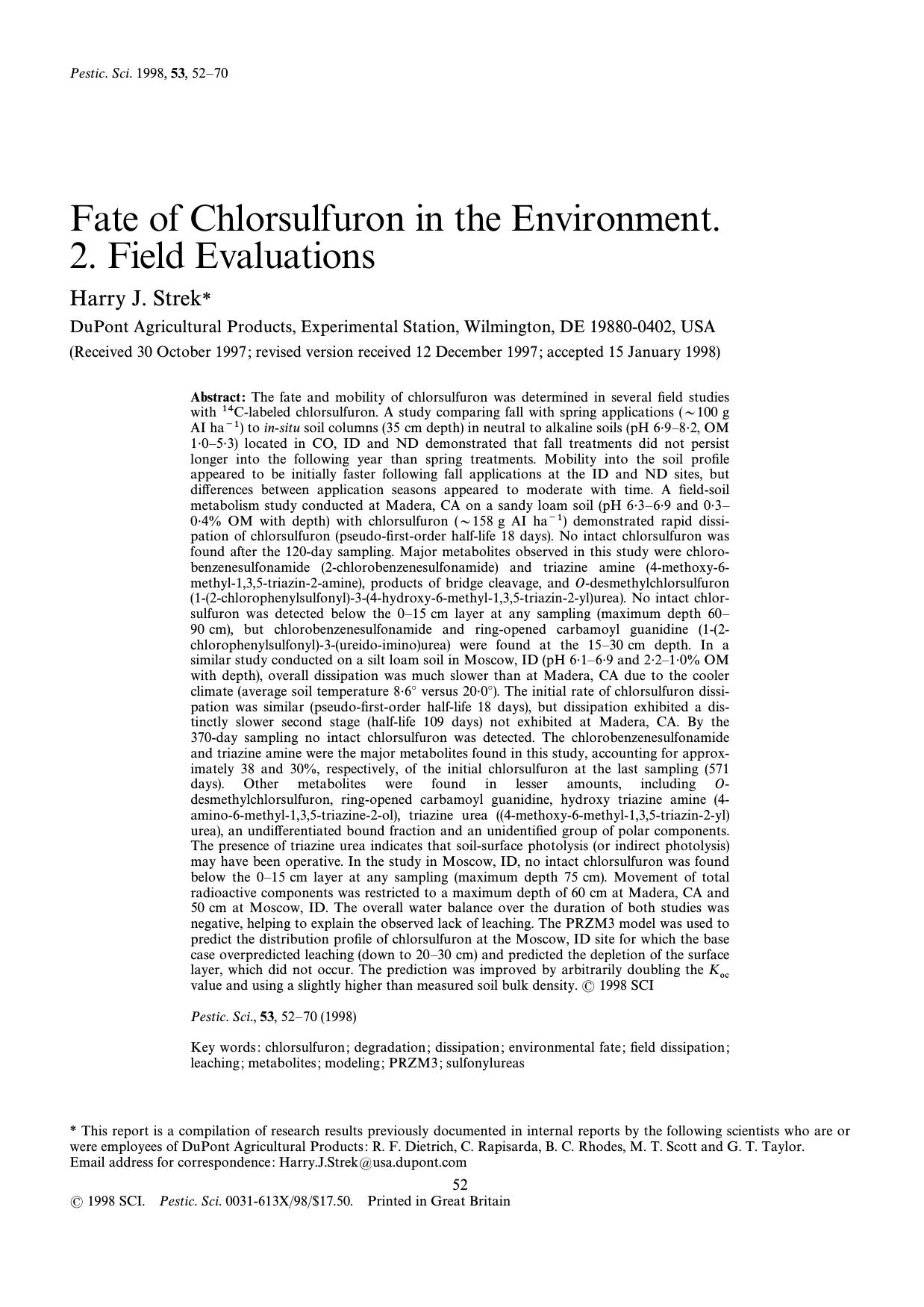 Fate of chlorsulfuron in the environment. 2. Field evaluations by Strek