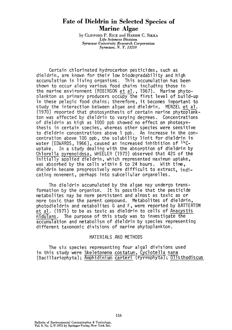 Fate of dieldrin in selected species of marine algae by Unknown