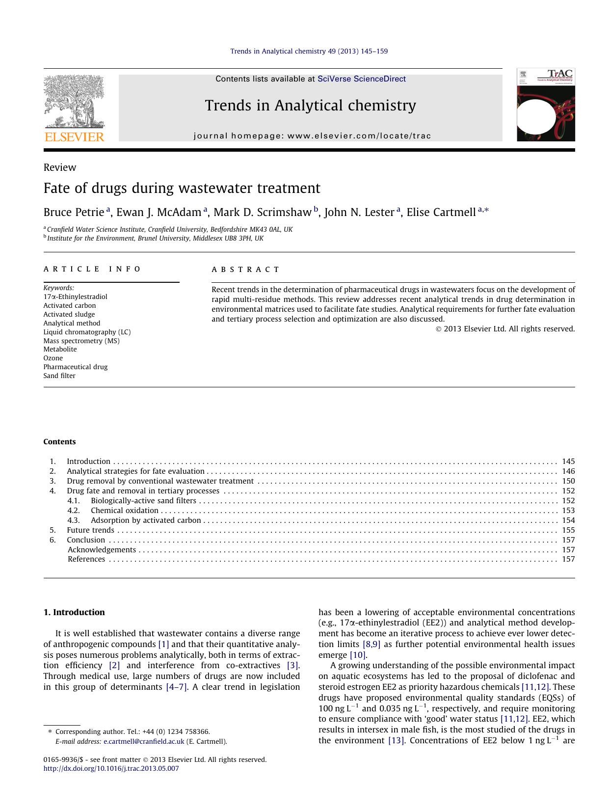 Fate of drugs during wastewater treatment by Bruce Petrie & Ewan J. McAdam & Mark D. Scrimshaw & John N. Lester & Elise Cartmell