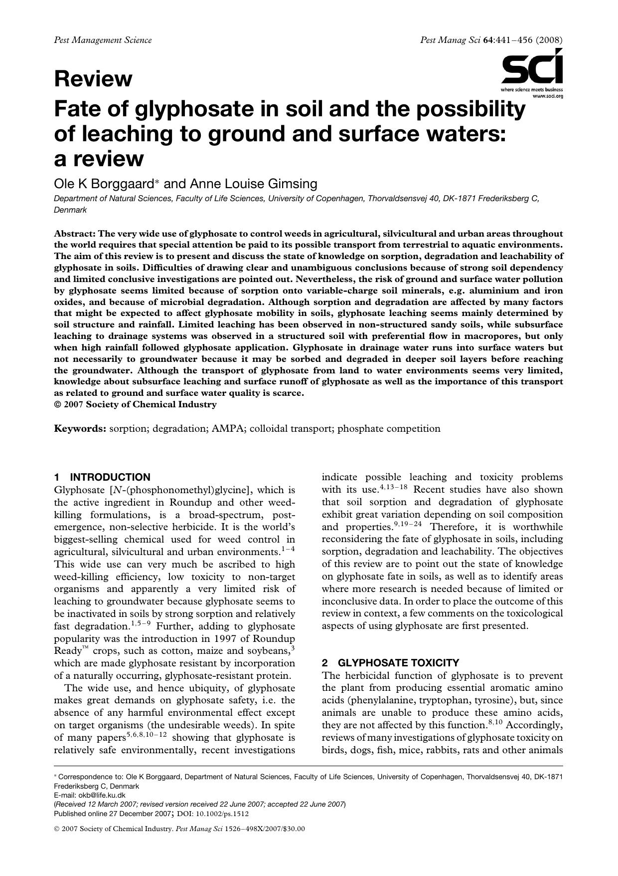 Fate of glyphosate in soil and the possibility of leaching to ground and surface waters: a review by Unknown