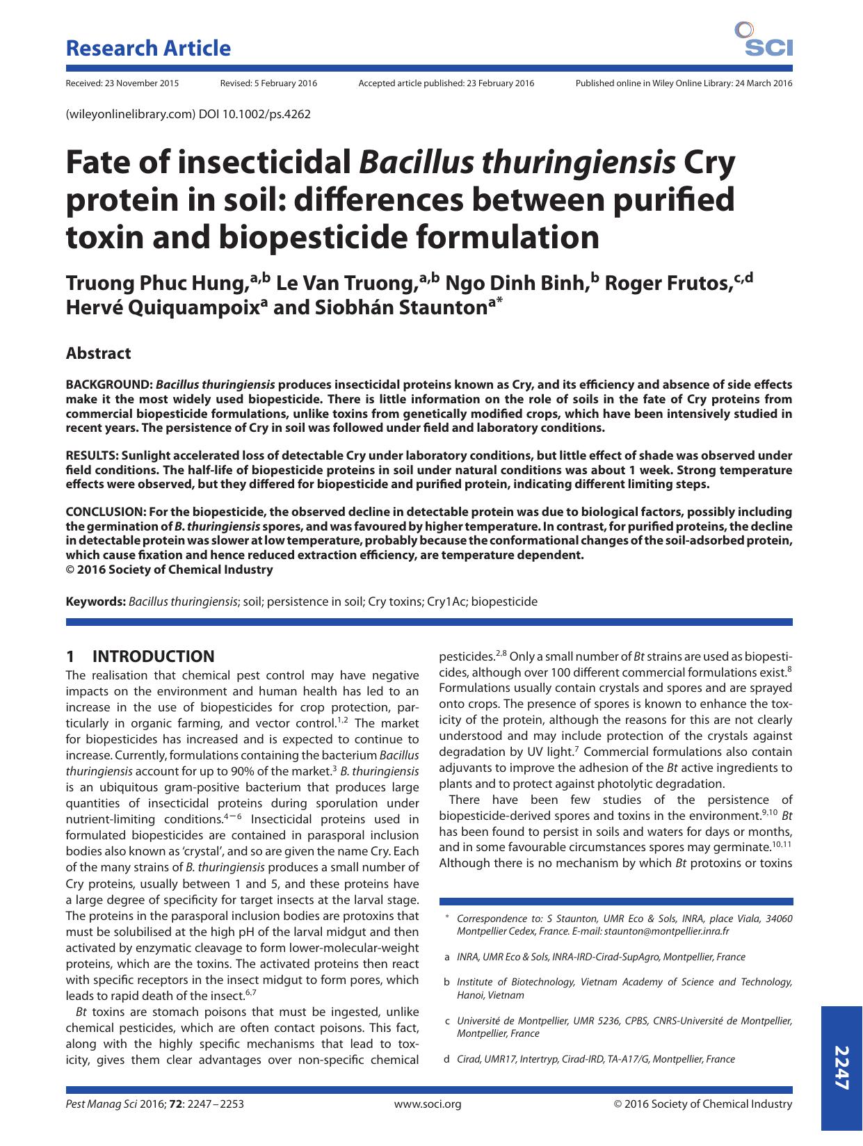 Fate of insecticidal Bacillus thuringiensis Cry protein in soil: differences between purified toxin and biopesticide formulation by Unknown