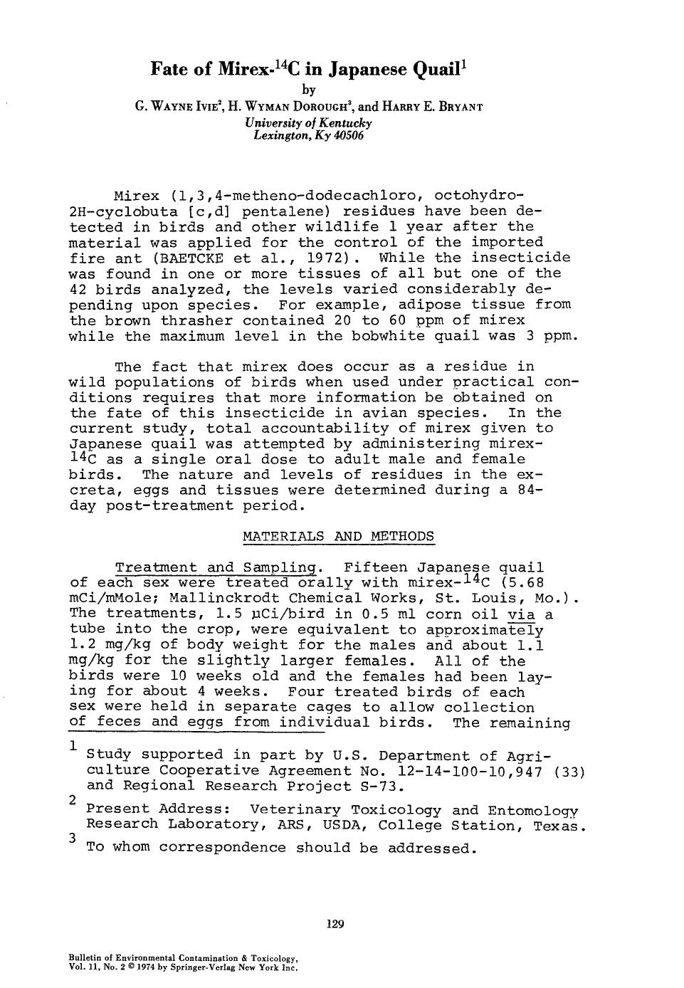 Fate of mirex- <Superscript>14 <Superscript>C in Japanese quail by Unknown