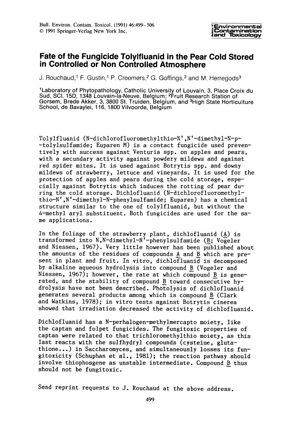 Fate of the fungicide tolylfluanid in the pear cold stored in controlled or non controlled atmosphere by Unknown
