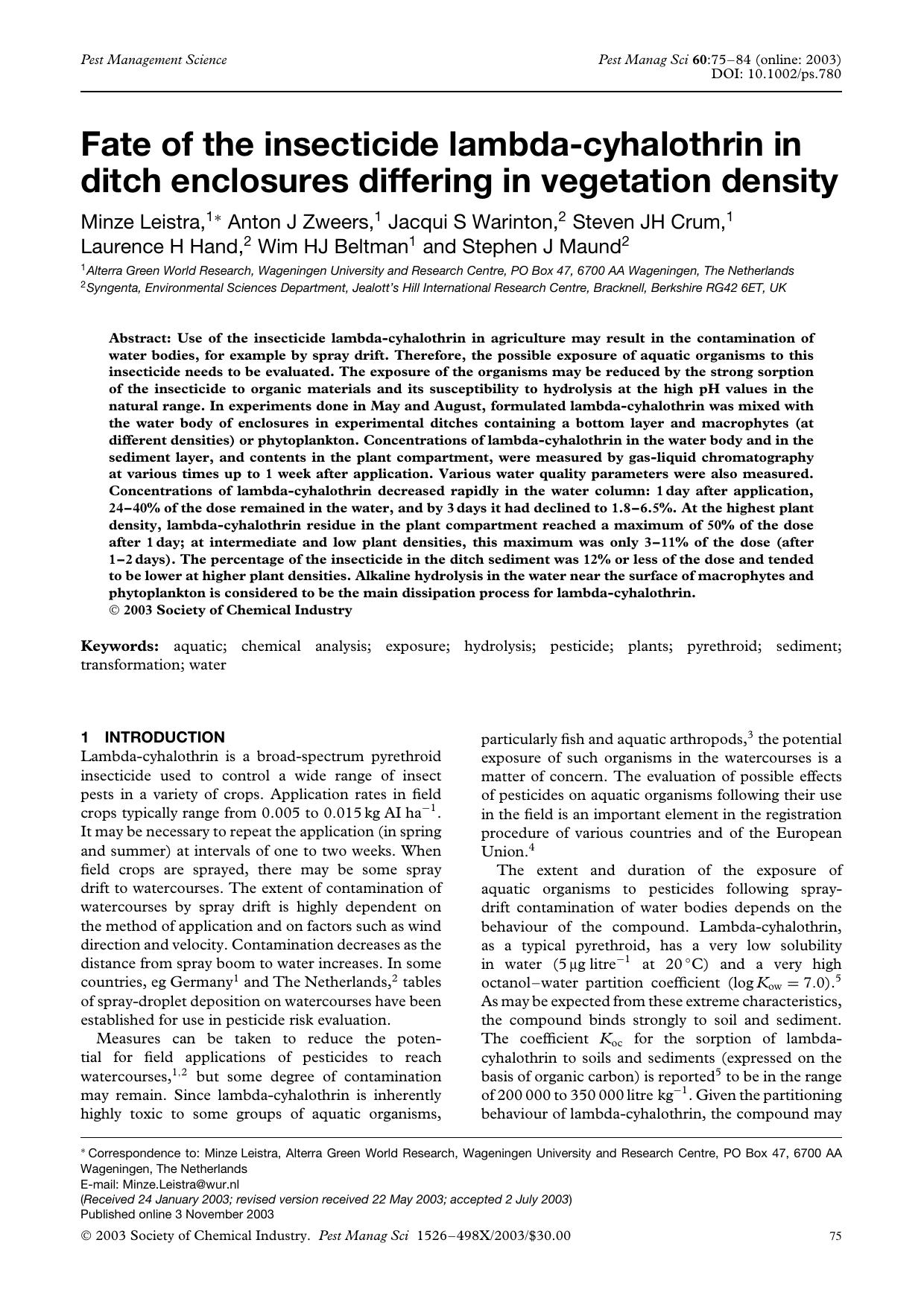Fate of the insecticide lambda-cyhalothrin in ditch enclosures differing in vegetation density by Unknown