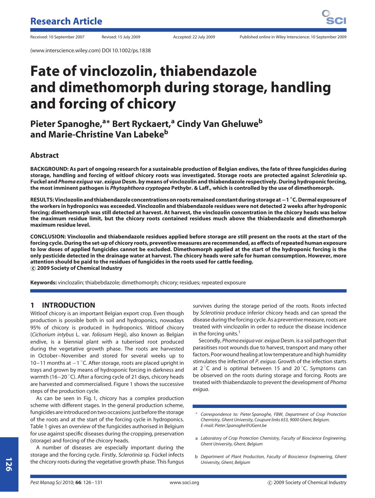 Fate of vinclozolin, thiabendazole and dimethomorph during storage, handling and forcing of chicory by Unknown