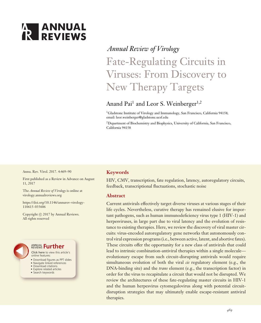 Fate-Regulating Circuits in Viruses: From Discovery to New Therapy Targets by Anand Pai and Leor S. Weinberger