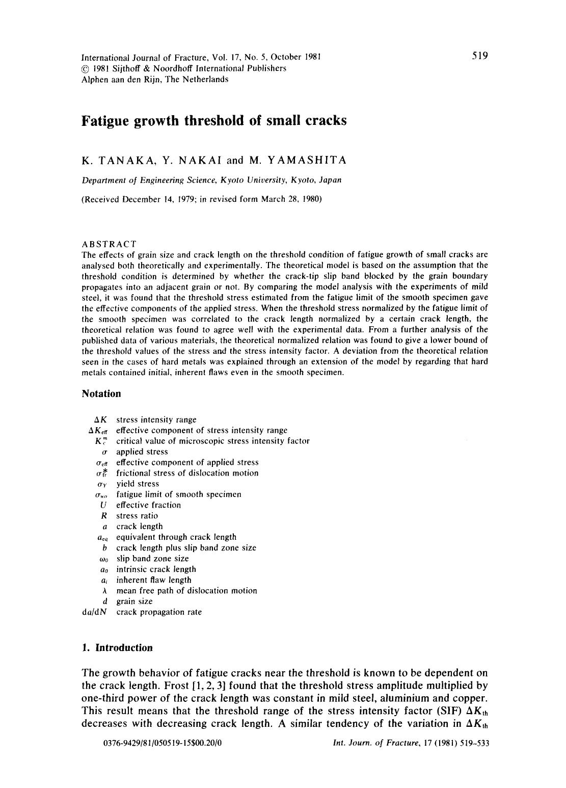 Fatigue growth threshold of small cracks by Unknown
