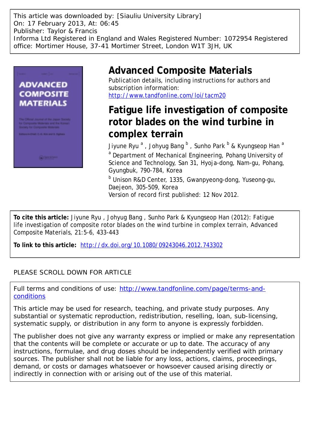 Fatigue life investigation of composite rotor blades on the wind turbine in complex terrain by Jiyune Ryu Johyug Bang Sunho Park & Kyungseop Han