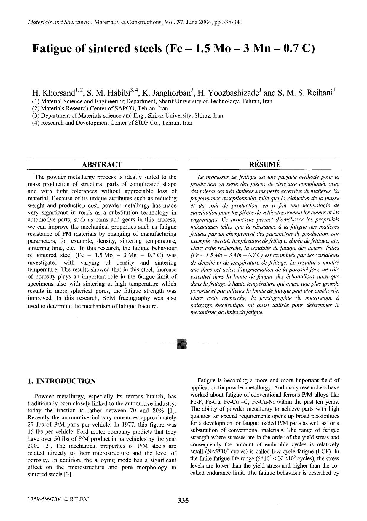 Fatigue of sintered steels (Fe-1.5 Mo-3 Mn-0.7 C) by Unknown