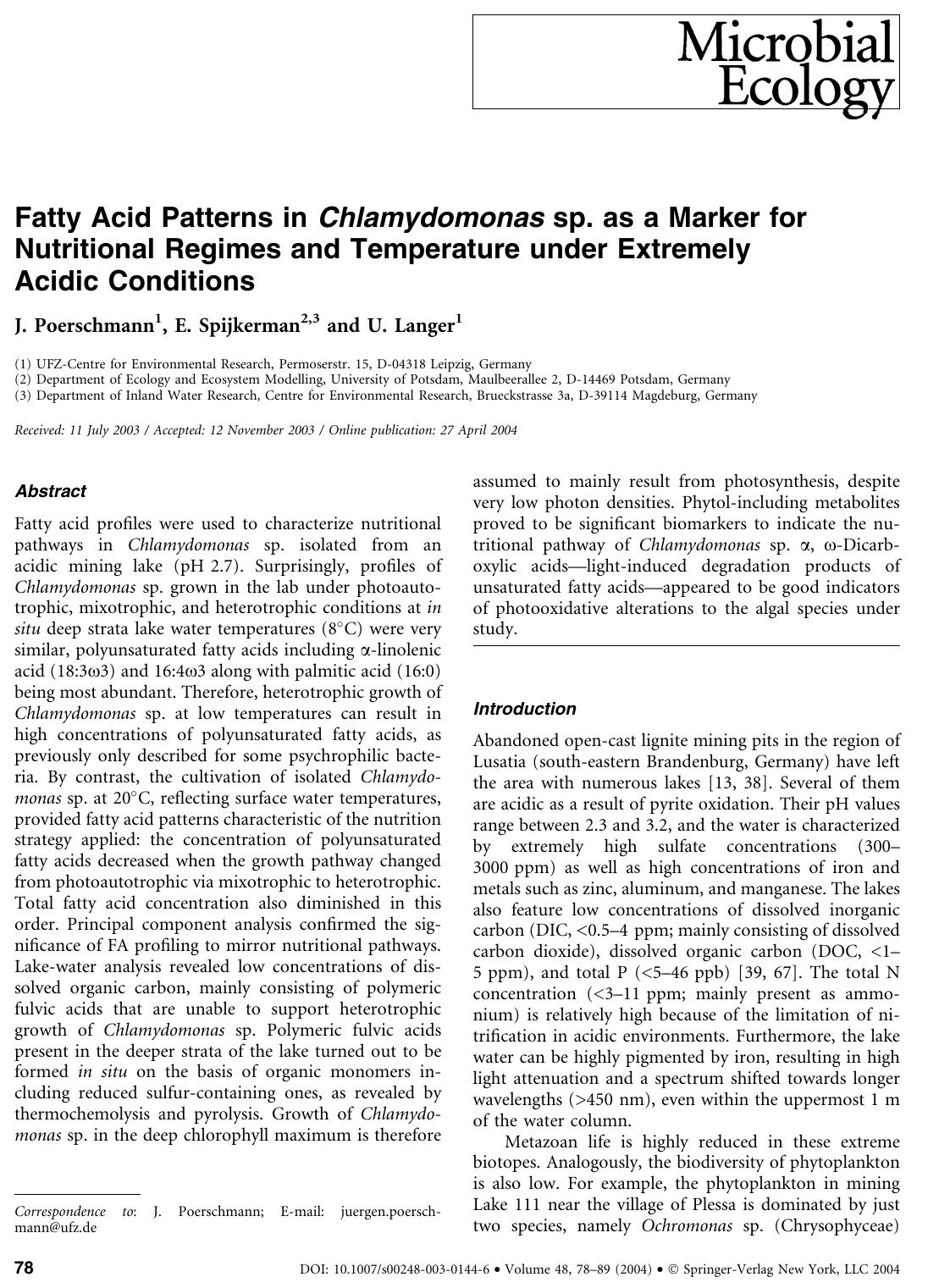 Fatty Acid Patterns in Chlamydomonas sp. as a Marker for Nutritional Regimes and Temperature under Extremely Acidic Conditions by Poerschmann J. et al