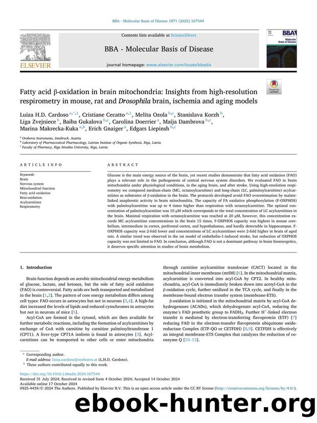 Fatty acid Î²-oxidation in brain mitochondria: Insights from high-resolution respirometry in mouse, rat and Drosophila brain, ischemia and aging models by unknow