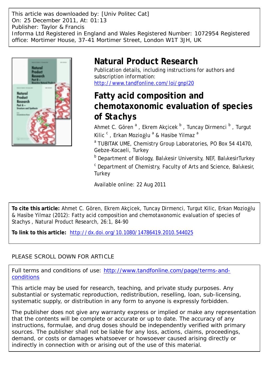 Fatty acid composition and chemotaxonomic evaluation of species of Stachys by unknow