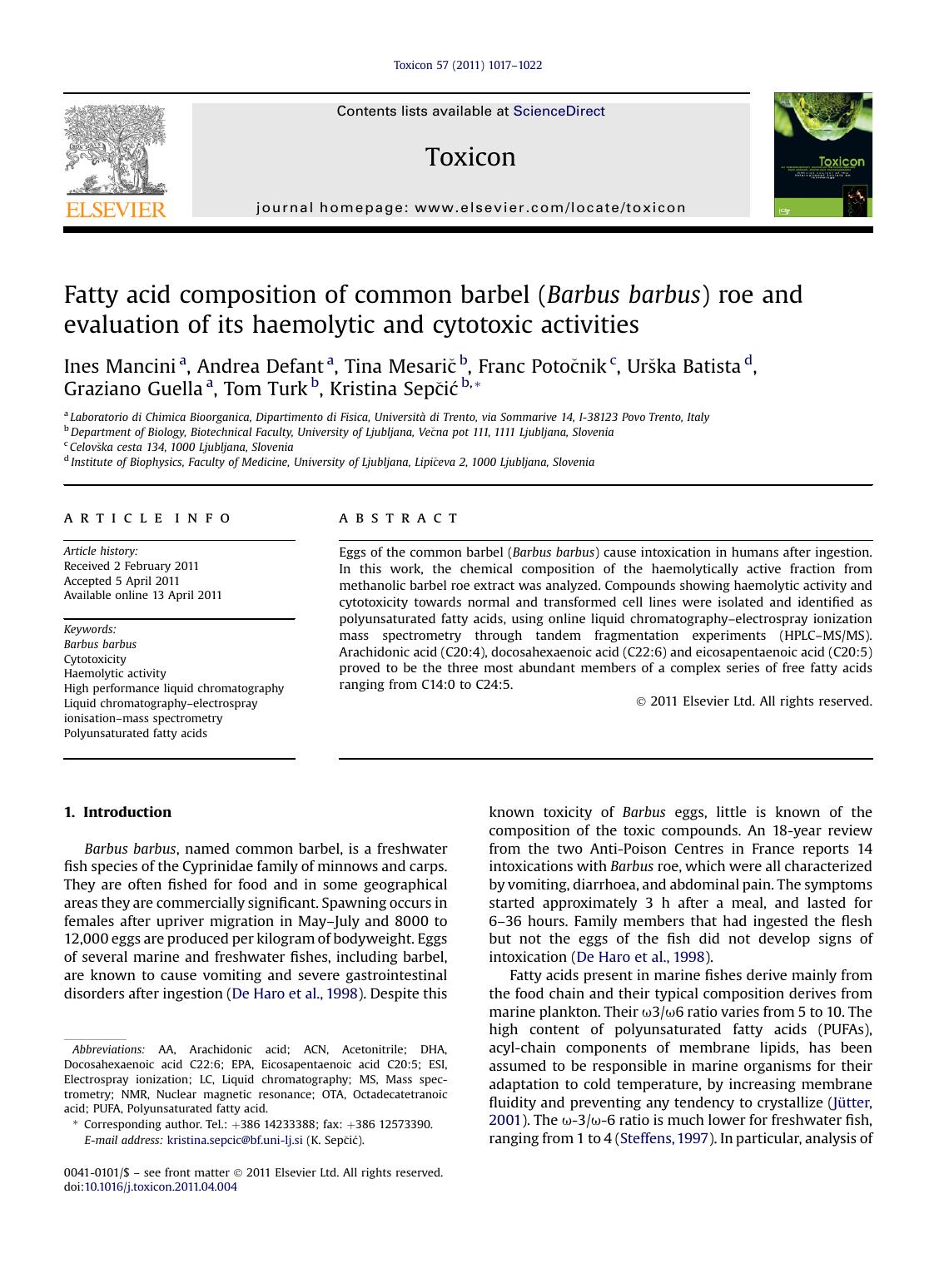 Fatty acid composition of common barbel (Barbus barbus) roe and evaluation of its haemolytic and cytotoxic activities by unknow