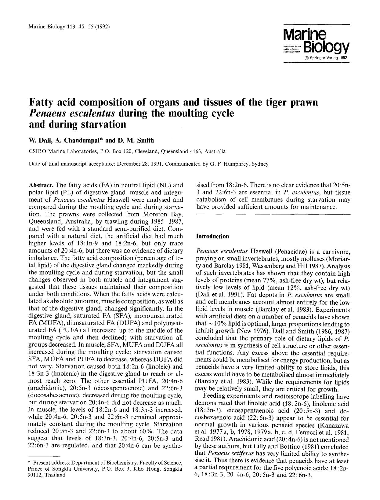 Fatty acid composition of organs and tissues of the tiger prawn <Emphasis Type="Italic">Penaeus esculentus<Emphasis> during the moulting cycle and during starvation by Unknown