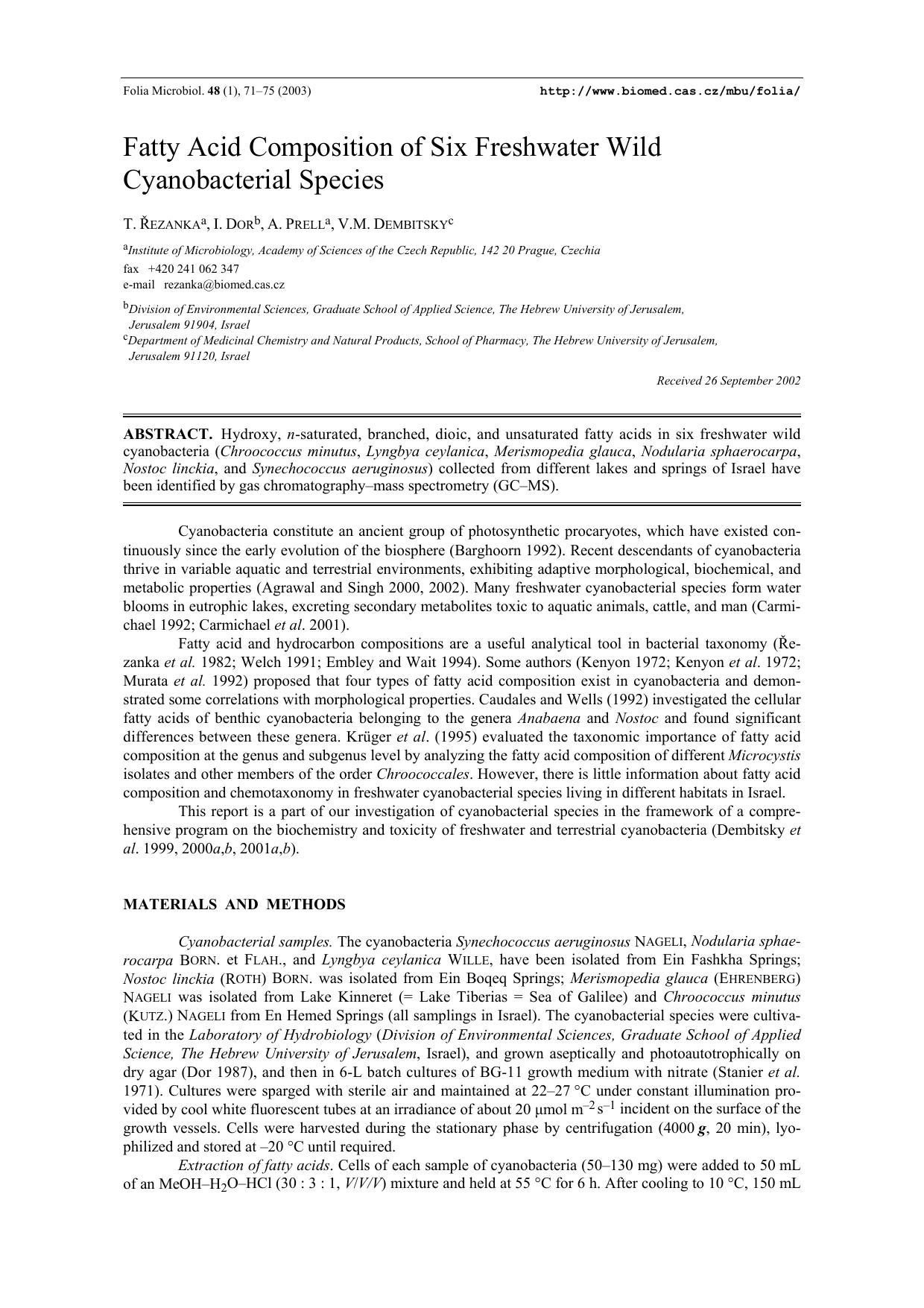 Fatty acid composition of six freshwater wild cyanobacterial species by Unknown