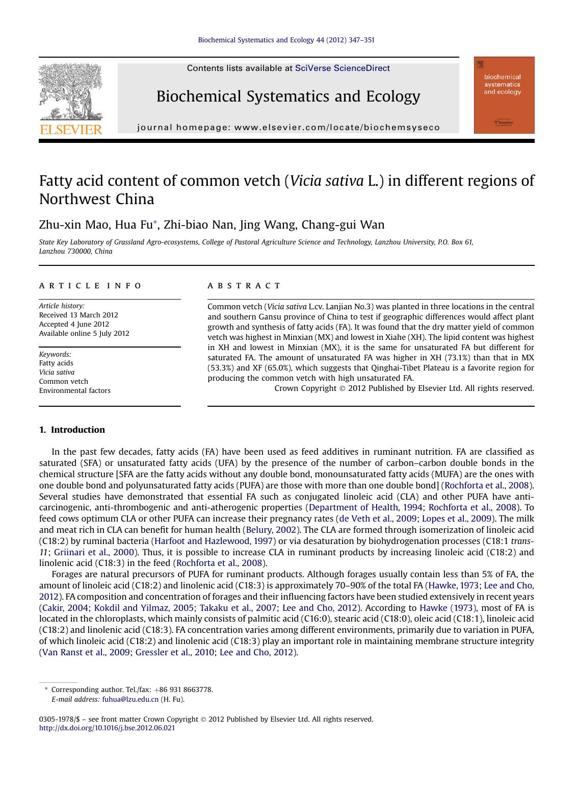 Fatty acid content of common vetch (Vicia sativa L.) in different regions of Northwest China by unknow