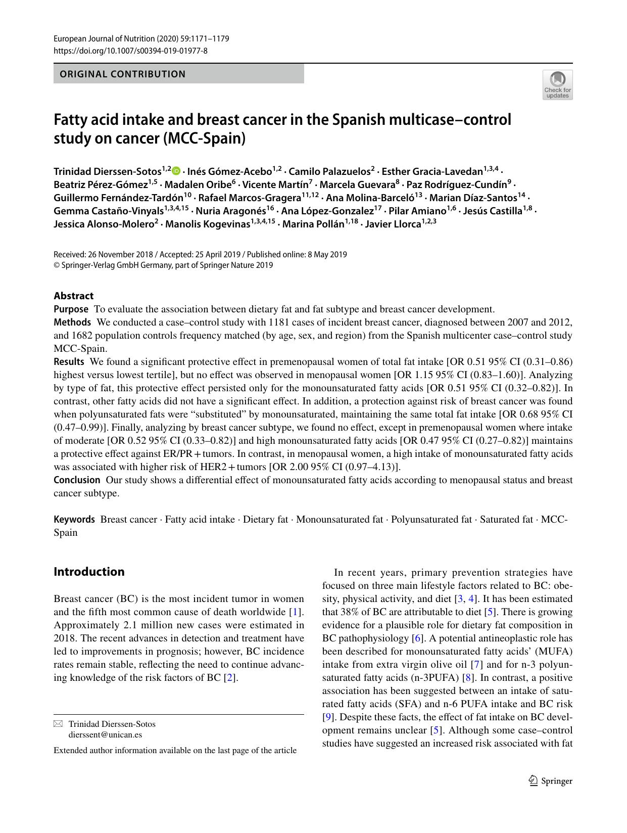 Fatty acid intake and breast cancer in the Spanish multicaseâcontrol study on cancer (MCC-Spain) by unknow