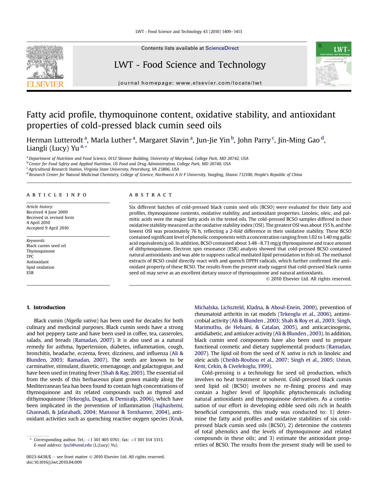 Fatty acid profile, thymoquinone content, oxidative stability, and antioxidant properties of cold-pressed black cumin seed oils by unknow