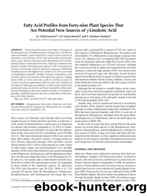 Fatty acid profiles from forty-nine plant species that are potential new sources of γ-linolenic acid by Unknown