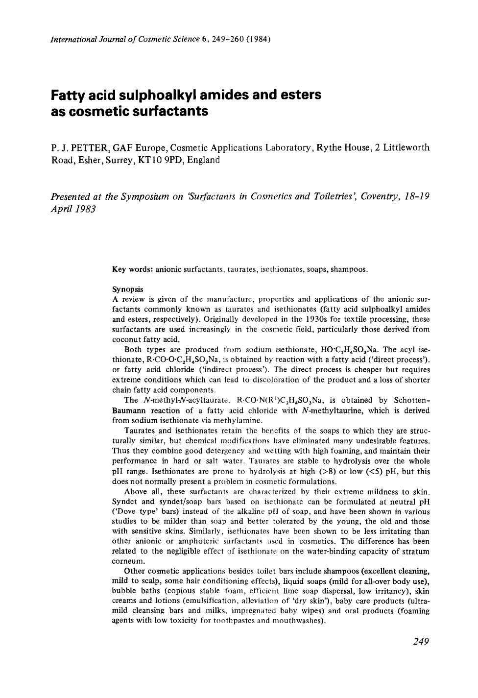 Fatty acid sulphoalkyl amides and esters as cosmetic surfactants by Unknown