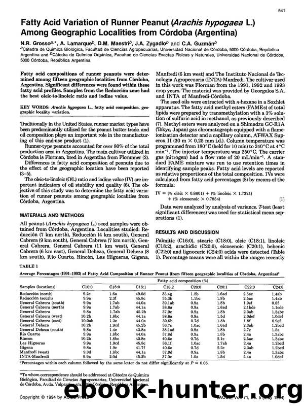 Fatty acid variation of runner peanut ( <Emphasis Type="Italic">Arachis hypogaea <Emphasis> L.) among geographic localities from C&#x00F3;rdoba (Argentina) by Unknown