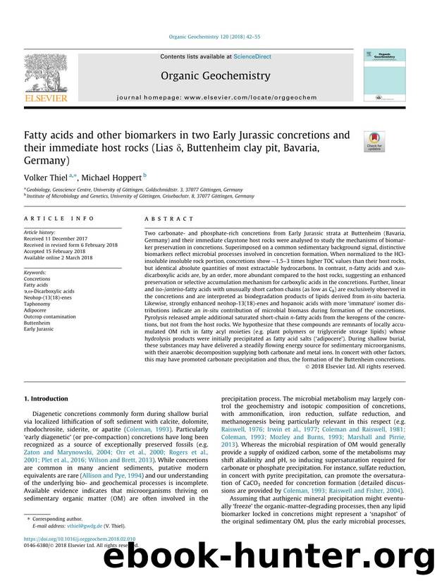 Fatty acids and other biomarkers in two Early Jurassic concretions and their immediate host rocks (Lias ÃÂ´, Buttenheim clay pit, Bavaria, Germany) by Volker Thiel