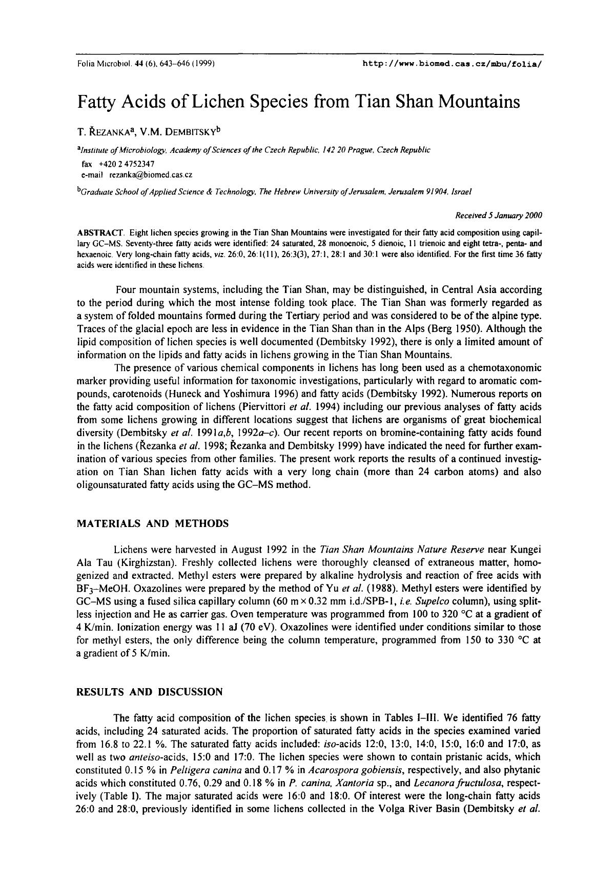 Fatty acids of lichen species from Tian Shan Mountains by Unknown
