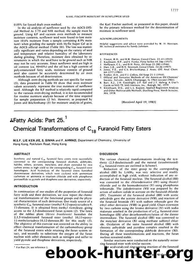 Fatty acids: Part 25.1 chemical transformations of C <Subscript>18 <Subscript> furanoid fatty esters by Unknown