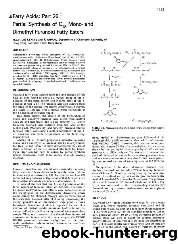 Fatty acids: Part 26.1 partial synthesis of C <Subscript>18 <Subscript> mono-and dimethyl furanoid fatty esters by Unknown